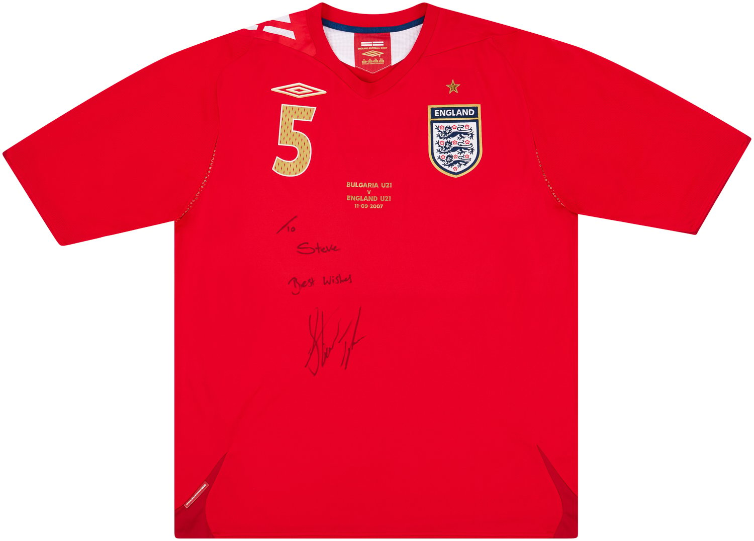 2007 England U21 Match Worn Signed Away Shirt S.Taylor #5 (v Bulgaria)